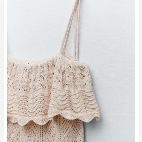 RARE, NWOT! Zara Ruffled Knit Mini Dress w Tie Strap, Cream, M / L - Picture 11 of 11
